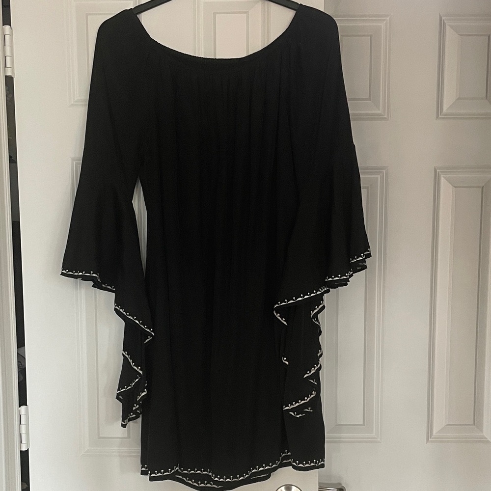 Embroidered Black Dress with Bell Sleeves